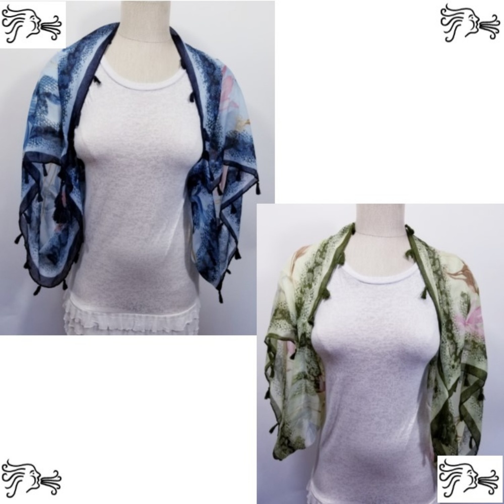 Women Shrug Scarf Wrap Blue or Green Floral Fringe